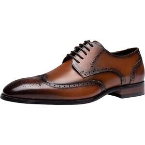 Jousen Mens 9.5 Brown Black Leather Wingtip Lace Up Oxford Formal Loafer Shoes